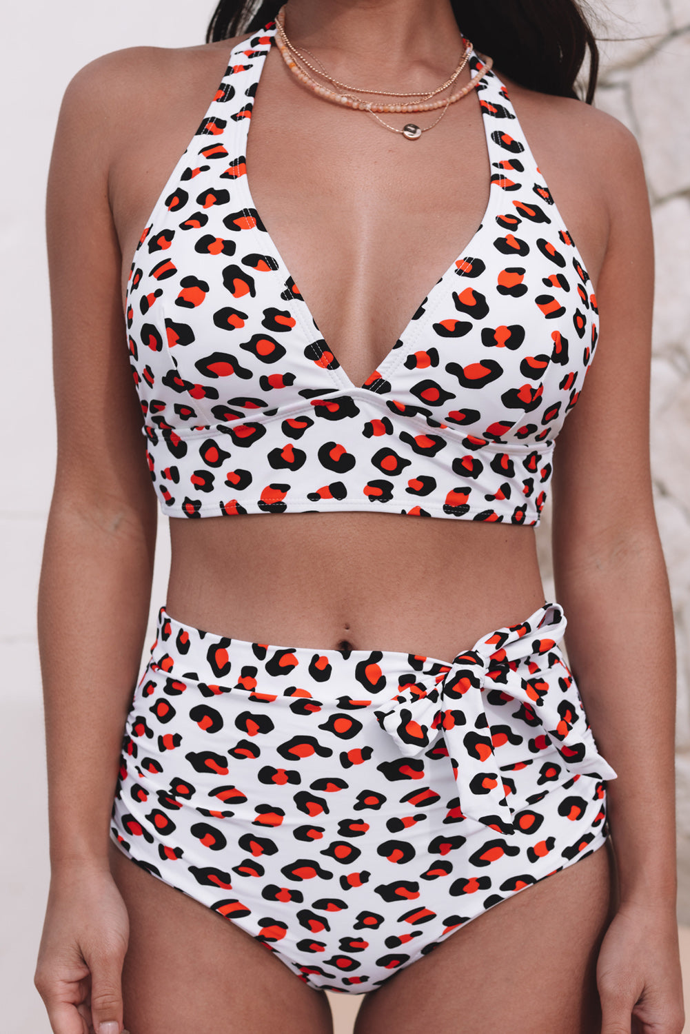 Khaki Halter V Neck Leopard High waisted swimsuits