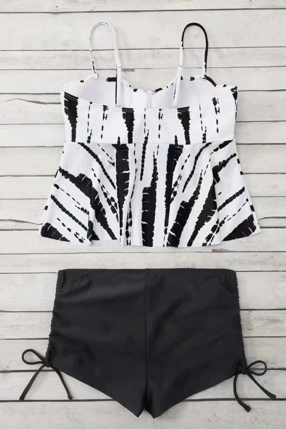 Black Tie Dye Peplum Drawstring Shorts Tankini