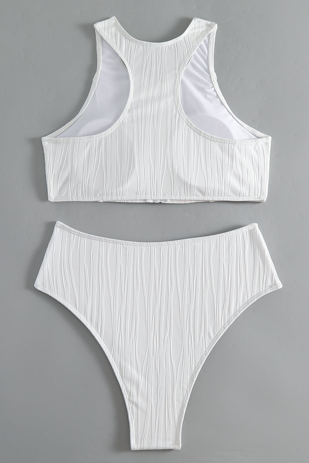 White Textured Zip up Racerback Swim Top High Waisted Bikini