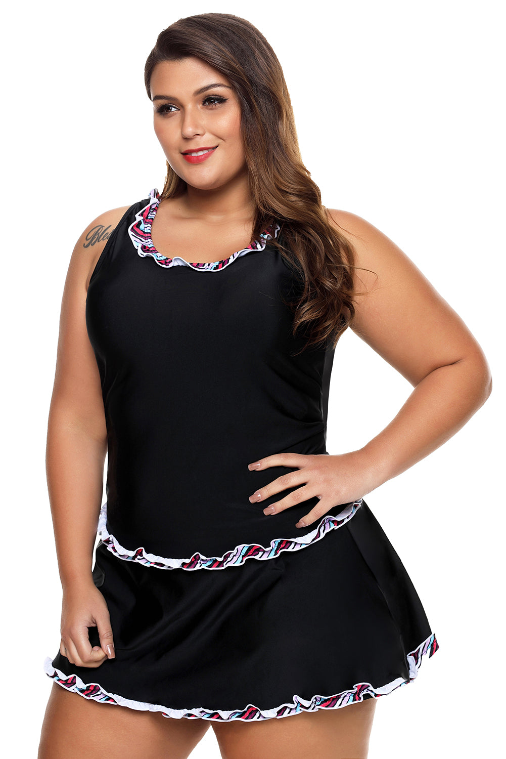 Plus Size Ruffle Trim Black Active Tank Top and Skort Swimsuit