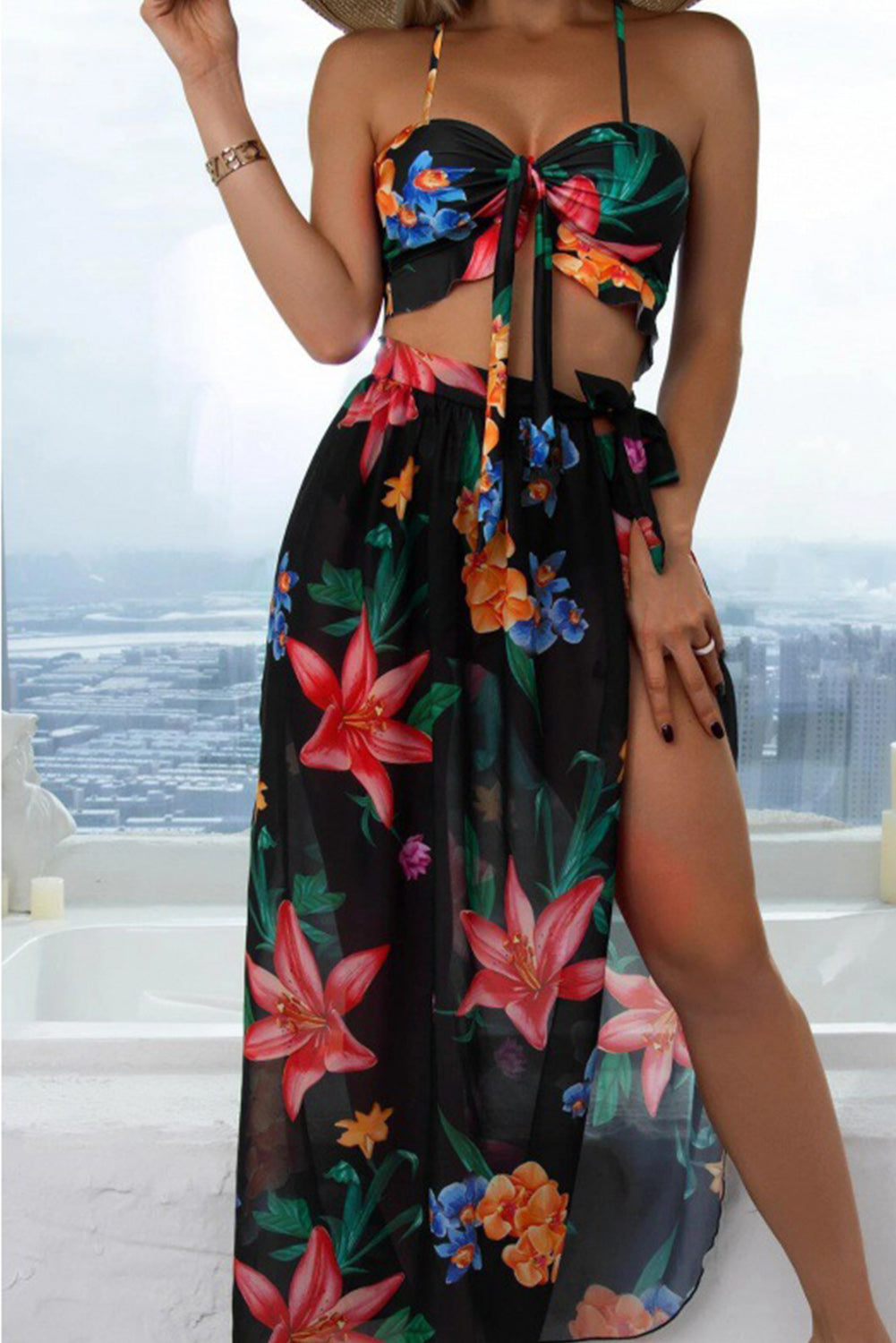 Black 3pcs Floral Twist Front Bikini with Cover-up Swimsuit