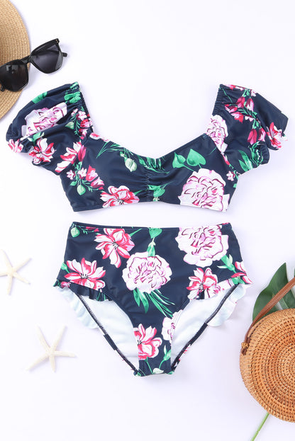 Orchid Printed Bubble Sleeve Bikini 2pcs Swimsuit