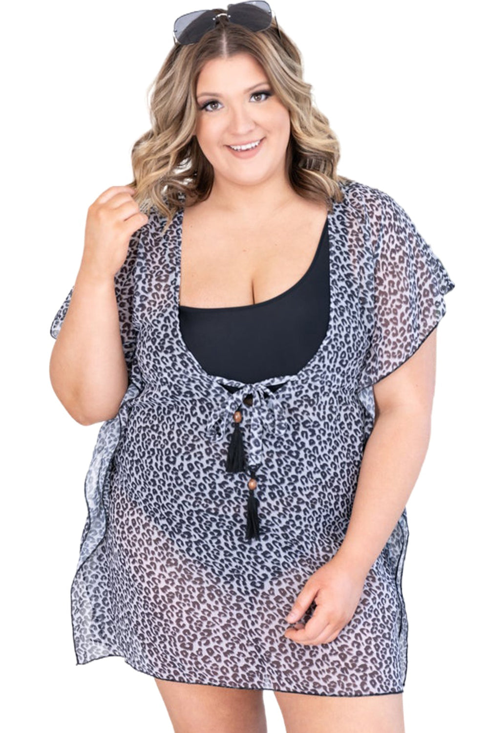 Leopard Print Drawstring Ruffled Plus Size Kimono