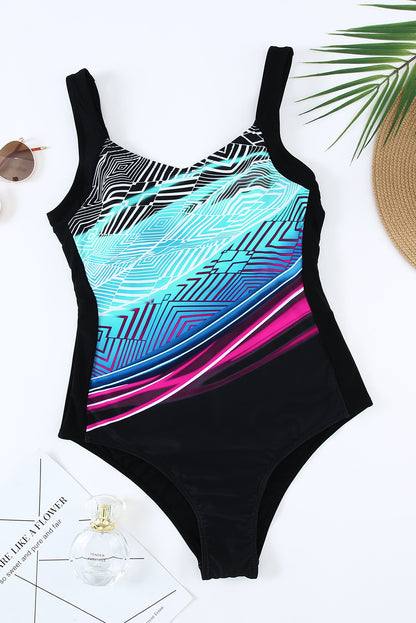 Striped Pattern Print Sleeveless One-piece Swimsuit