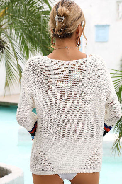 White Loose Knitted Contrast Bell Sleeve Swim Cover Up