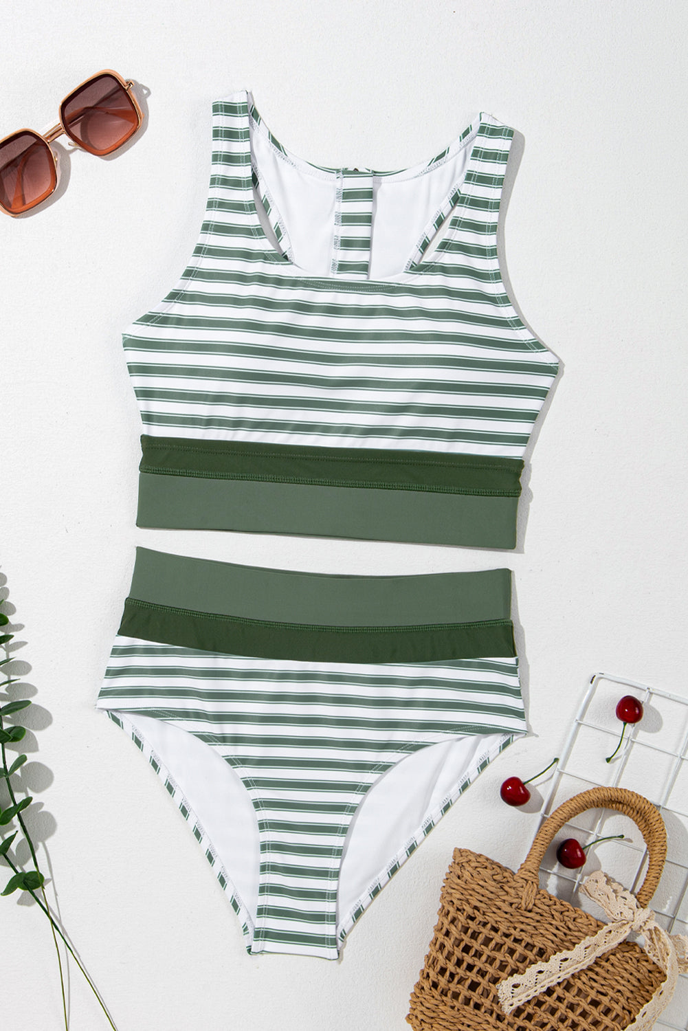 White Stripe Zipped Cut out Racer Back High Waisted Bikini