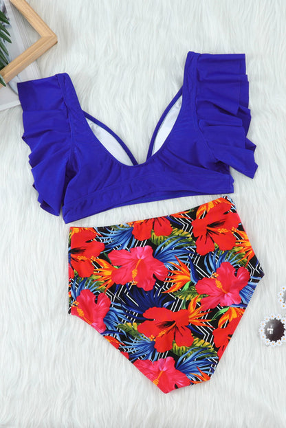 Floral Ruffled Hem High Waist Bikini Set