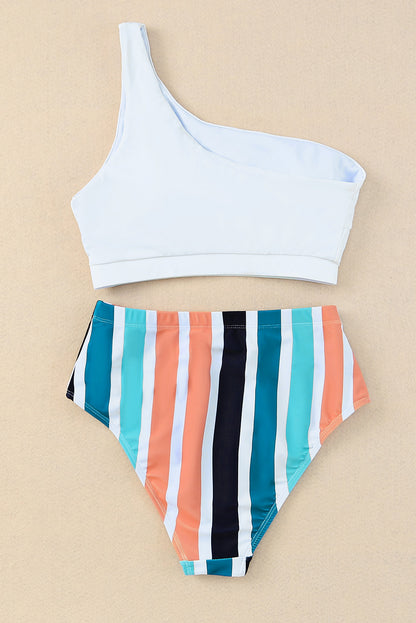 One Shoulder Striped High Waist Two Pieces Swimsuit