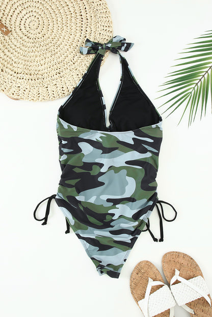 Camouflage Drawstring Backless One Piece Swimsuit