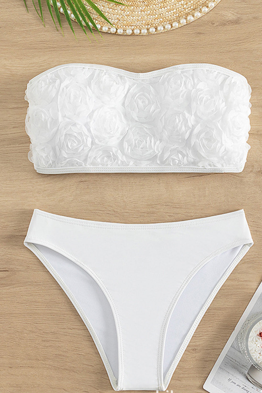 White 3D Floral Bandeau High Waist Bikini